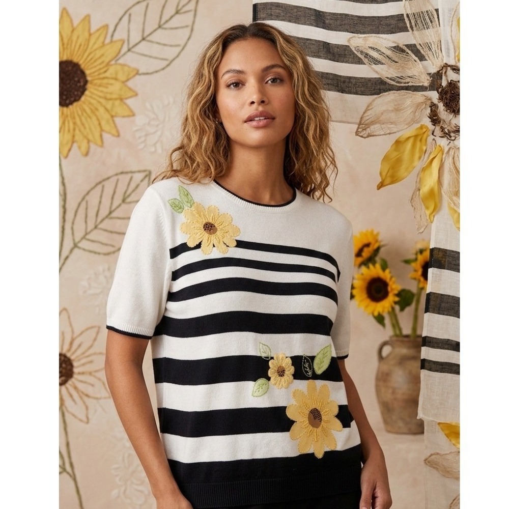 Alfred Dunner Vintage Striped Sunflower‎ Embroidered Knit Sweater Top XL